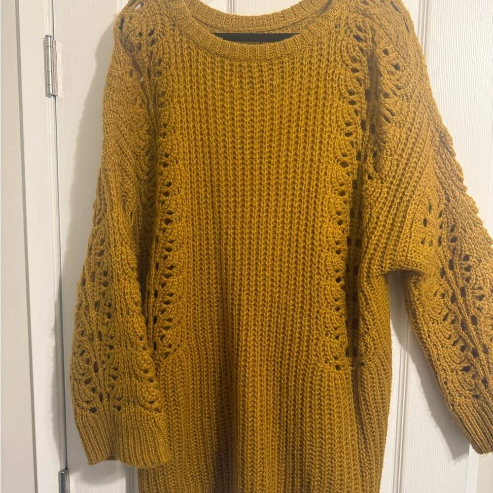Anthropologie Yellow Crew Neck Sweater with Lace Sleeves